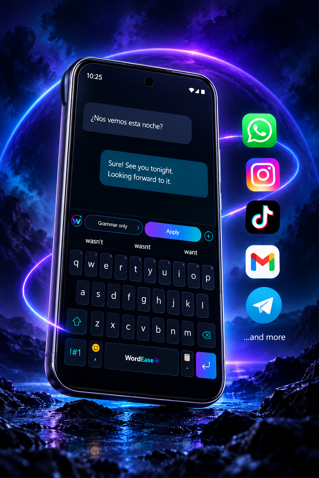 WordEase Signature keyboard with WhatsApp, Instagram, TikTok, Gmail and Telegram app examples.
